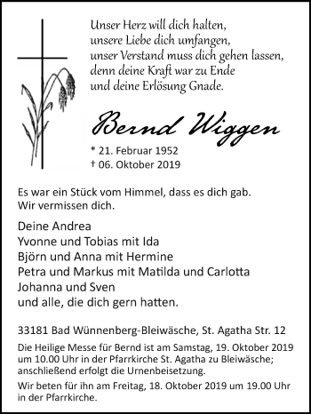 Traueranzeige von Bernd Wiggen von Westfalen-Blatt