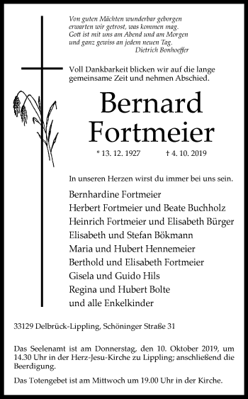 Traueranzeige von Bernhard Fortmeier von Westfalen-Blatt