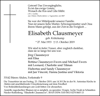 Traueranzeige von Elisabeth Clausmeyer von Westfalen-Blatt