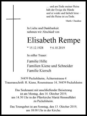 Traueranzeige von Elisabeth Rempe von Westfalen-Blatt