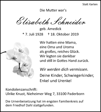 Traueranzeige von Elisabeth Schneider von Westfalen-Blatt