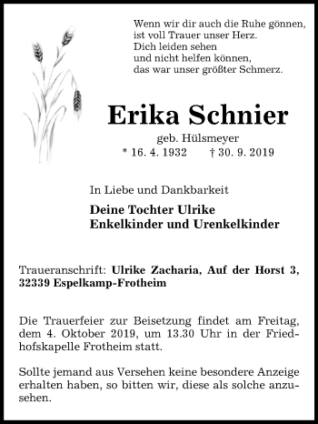 Traueranzeige von Erika Schnier von Westfalen-Blatt