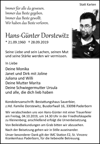 Traueranzeige von Hans-Günter Dorstewitz von Westfalen-Blatt