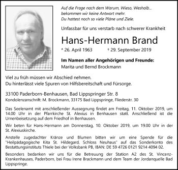 Traueranzeige von Hans-Hermann Brand von Westfalen-Blatt