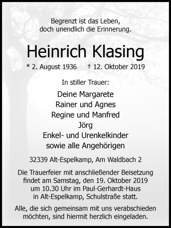 Traueranzeige von Heinrich Klasing von Westfalen-Blatt