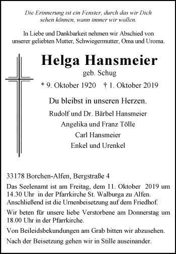 Traueranzeige von Helga Hansmeier von Westfalen-Blatt