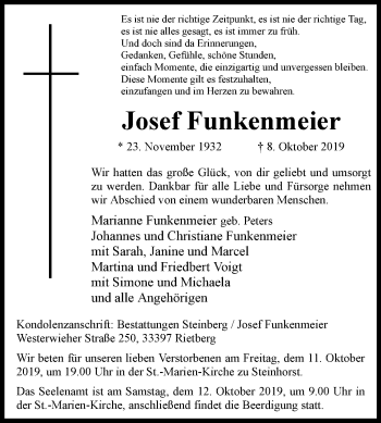 Traueranzeige von Josef Funkenmeier von Westfalen-Blatt