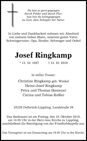 Traueranzeige von Josef Ringkamp von Westfalen-Blatt