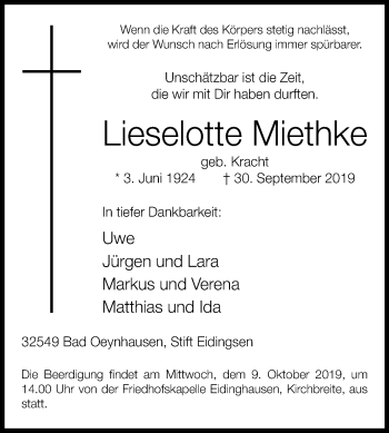 Traueranzeige von Lieselotte Miethke von Westfalen-Blatt