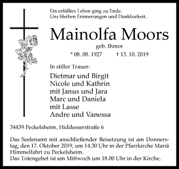 Traueranzeige von Mainolfa Moors von Westfalen-Blatt