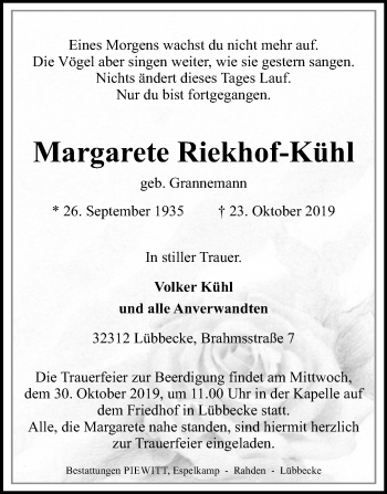 Traueranzeige von Margarete Riekhof-Kühl von Westfalen-Blatt