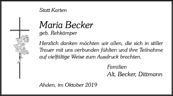 Traueranzeige von Maria Becker von Westfalen-Blatt