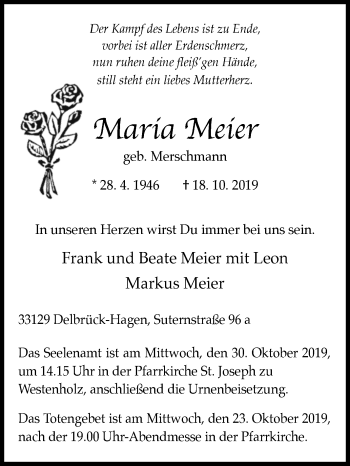 Traueranzeige von Maria Meier von Westfalen-Blatt