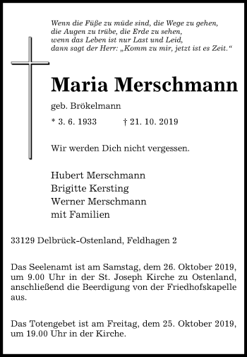 Traueranzeige von Maria Merschmann von Westfalen-Blatt