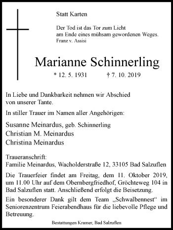 Traueranzeige von Marianne Schinnerling von Westfalen-Blatt