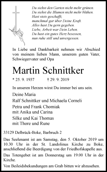 Traueranzeige von Martin Schnittker von Westfalen-Blatt