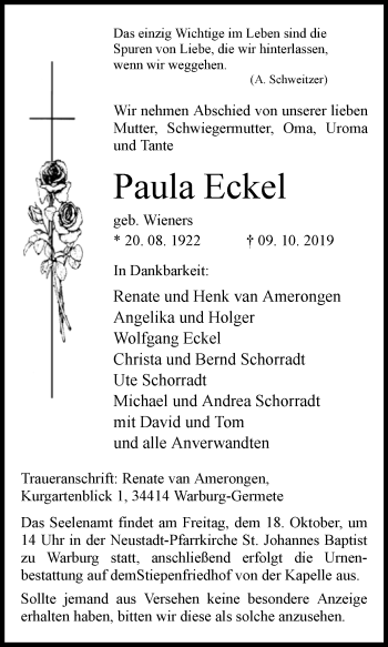 Traueranzeige von Paula Eckel von Westfalen-Blatt