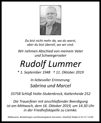 Traueranzeige von Rudolf Lummer von Westfalen-Blatt