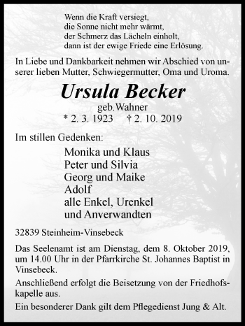 Traueranzeige von Ursula Becker von Westfalen-Blatt