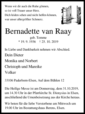 Traueranzeige von Bernadette van Raay von Westfalen-Blatt