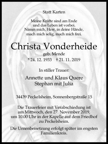 Traueranzeige von Christa Vonderheide von Westfalen-Blatt