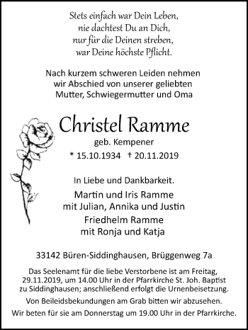 Traueranzeige von Christel Ramme von Westfalen-Blatt