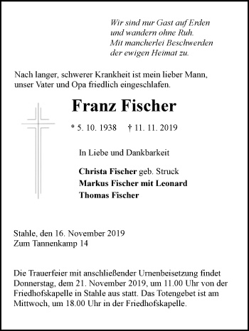 Traueranzeige von Franz Fischer von Westfalen-Blatt