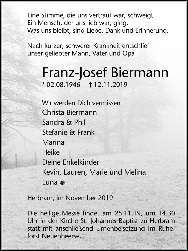  Traueranzeige für Franz-Josef Biermann vom 16.11.2019 aus Westfalen-Blatt