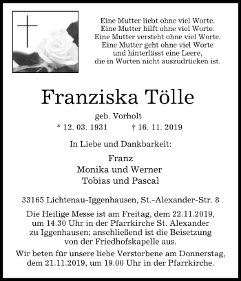 Traueranzeige von Franziska Tölle von Westfalen-Blatt