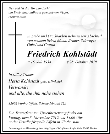 Traueranzeige von Friedrich Kohlstädt von Westfalen-Blatt