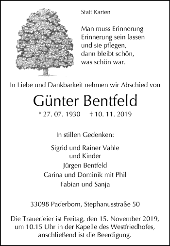 Traueranzeige von Günter Bentfeld von Westfalen-Blatt