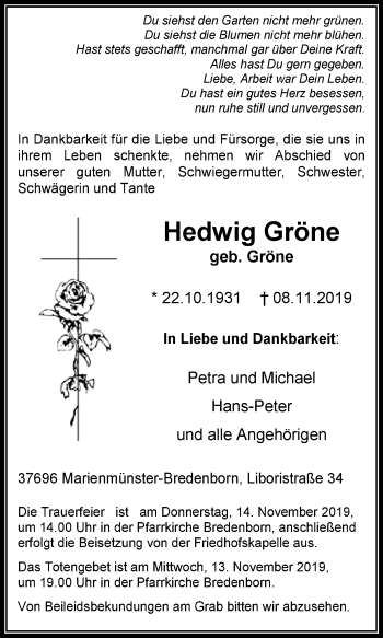 Traueranzeige von Hedwig Gröne von Westfalen-Blatt