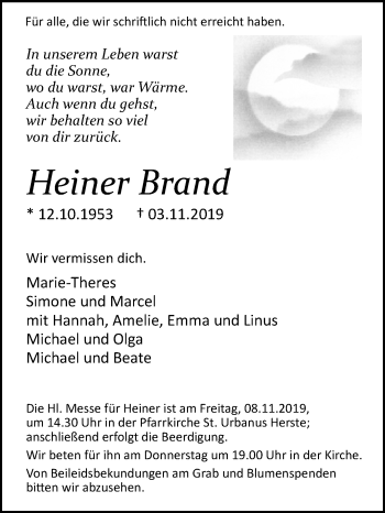 Traueranzeige von Heiner Brand von Westfalen-Blatt