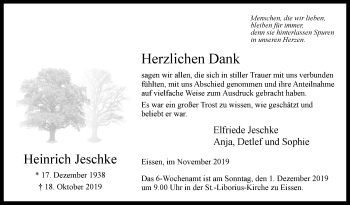 Traueranzeige von Heinrich Jeschke von Westfalen-Blatt