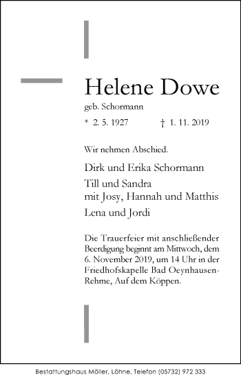 Traueranzeige von Helene Dowe von Westfalen-Blatt