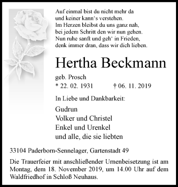 Traueranzeige von Hertha Beckmann