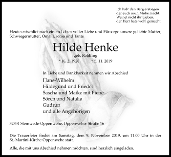 Traueranzeige von Hilde Henke von Westfalen-Blatt