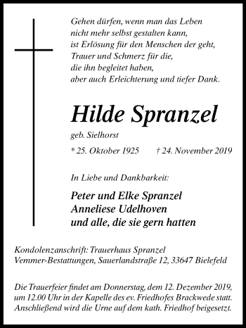 Traueranzeige von Hilde Spranzel von Westfalen-Blatt