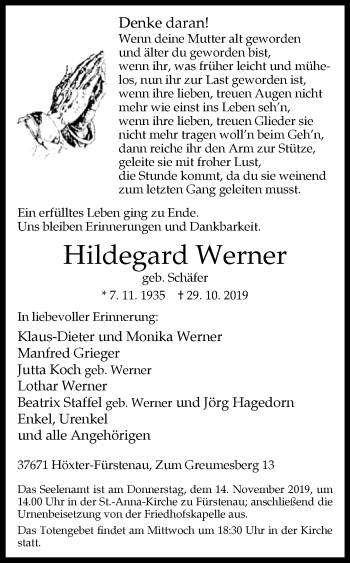 Traueranzeige von Hildegard Werner von Westfalen-Blatt