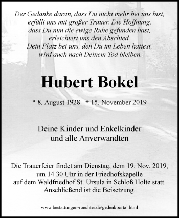 Traueranzeige von Hubert Bokel von Westfalen-Blatt