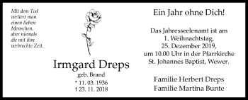 Traueranzeige von Irmgard Dreps von Westfalen-Blatt