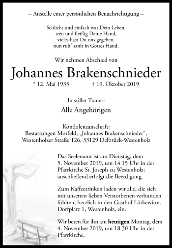 Traueranzeige von Johannes Brakenschnieder von Westfalen-Blatt