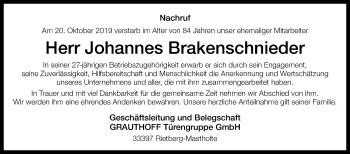 Traueranzeige von Johannes Brakenschnieder von Westfalen-Blatt