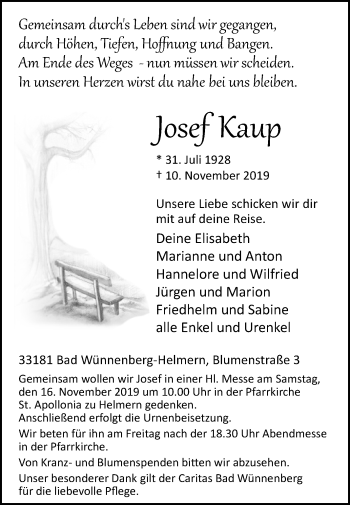 Traueranzeige von Josef Kaup von Westfalen-Blatt