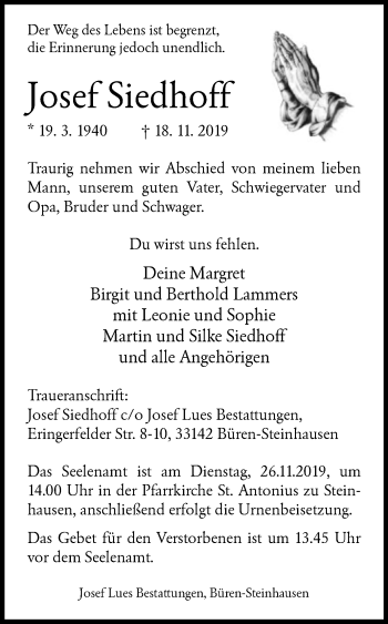 Traueranzeige von Josef Siedhoff von Westfalen-Blatt