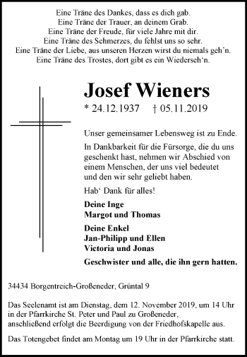 Traueranzeige von Josef Wieners von Westfalen-Blatt