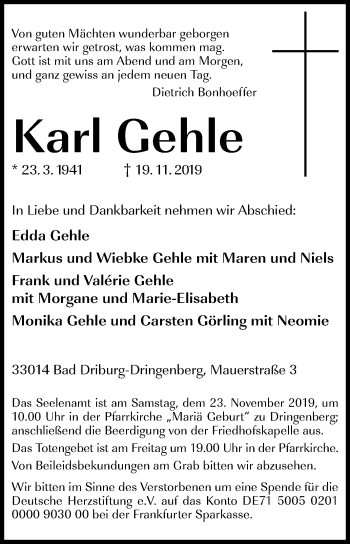 Traueranzeige von Karl Gehle von Westfalen-Blatt