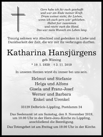 Traueranzeige von Katharina Hansjüergens von Westfalen-Blatt