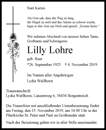 Traueranzeige von Lilly Lohre von Westfalen-Blatt