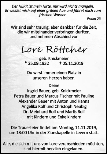 Traueranzeige von Lore Röttcher von Westfalen-Blatt